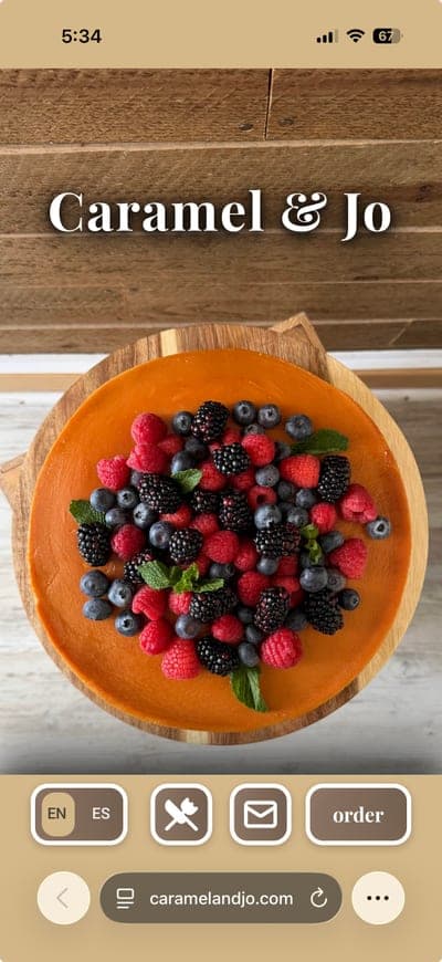 Caramel & Jo mobile homepage with hero dessert image